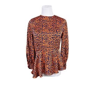 2/$35 Lulu's C173T Color Me Wild Cheetah Print Peplum Blouse SMALL Orange Retro